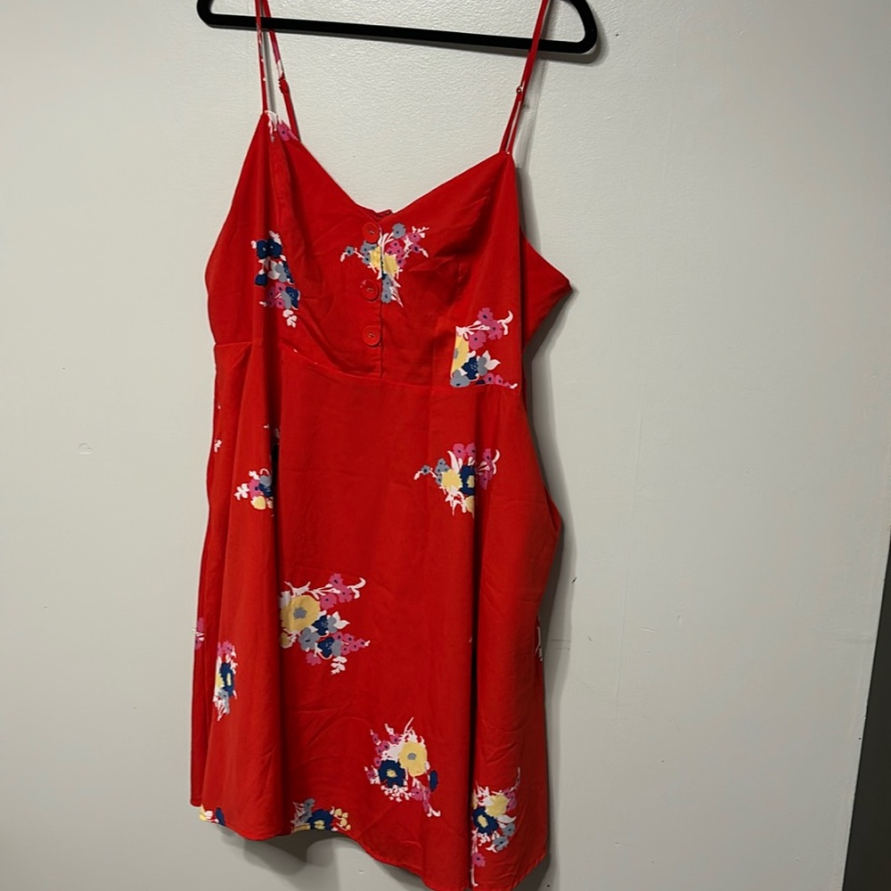 Bright red floral summer dress by ModCloth with pockets